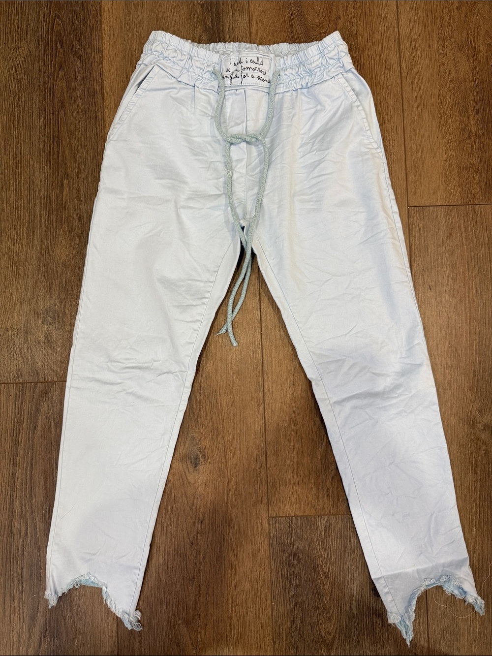 MEO MELI Women's Distressed Hem Italian Drawstring Joggers Light Blue Size Small